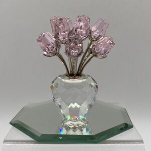 Vintage Swarovski Crystal A Dozen Pink Roses With Mirror Base